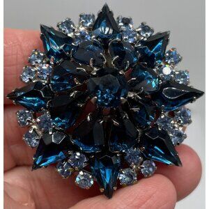 Vintage Domed Blue Rhinestone Brooch Silver-Tone Setting Unsigned Excellence